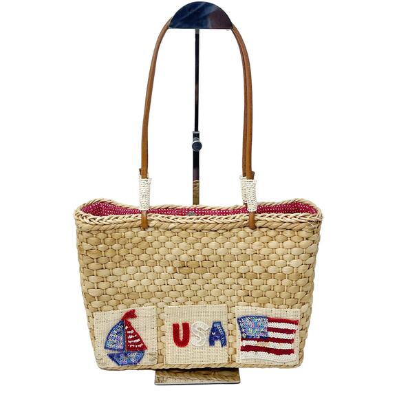 Quacker Factory USA Patriotic Wicker Tote Bag Purse Flag Sequin Embellished - Picture 1 of 16